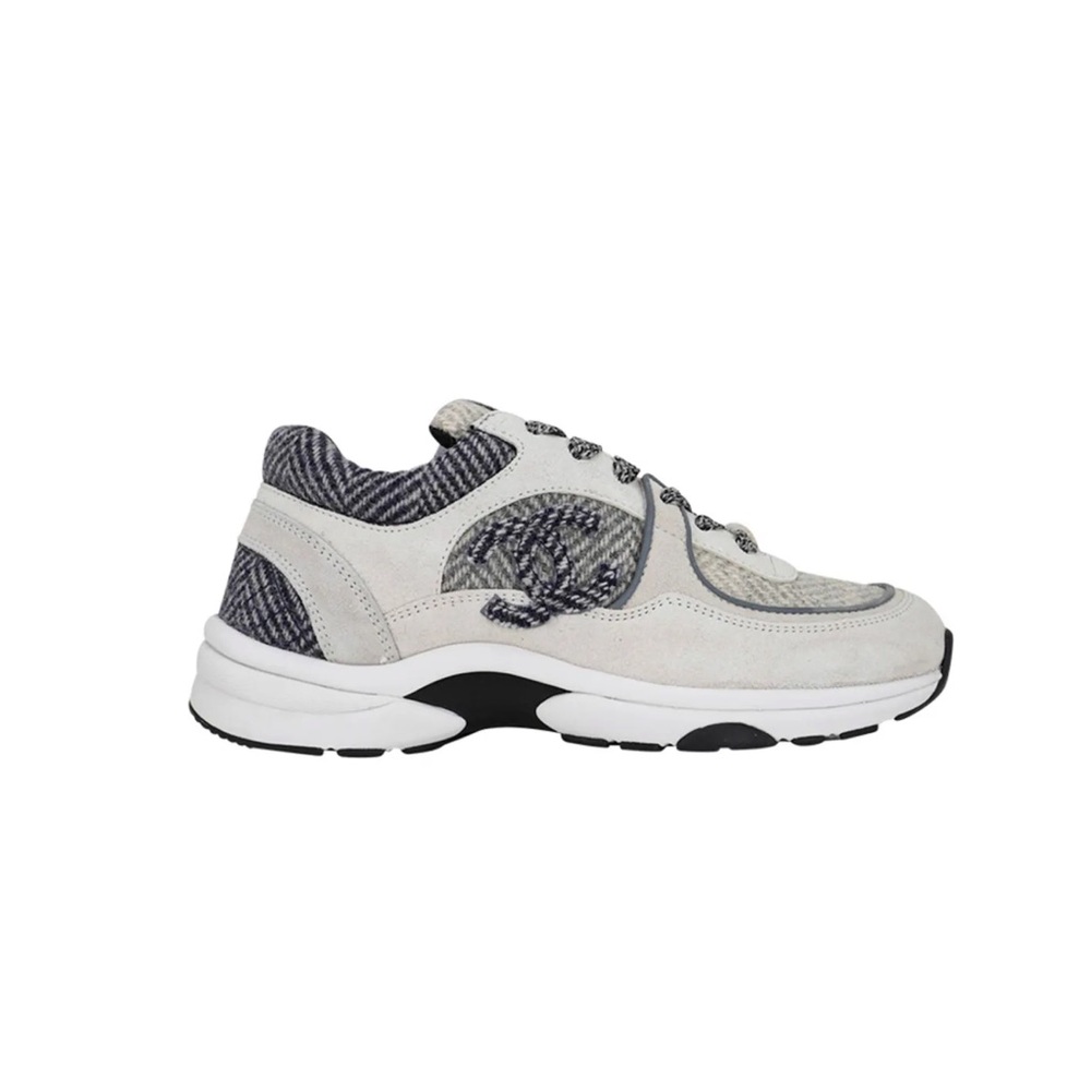 Chanel Tricolor Gray Tweed and Suede CC Low Top Sneakers - 39